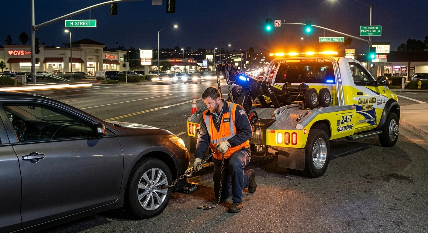 A tow operator using a long reach lockout tool to open a car door in an H-E-B parking lot in Corpus Christi during the day