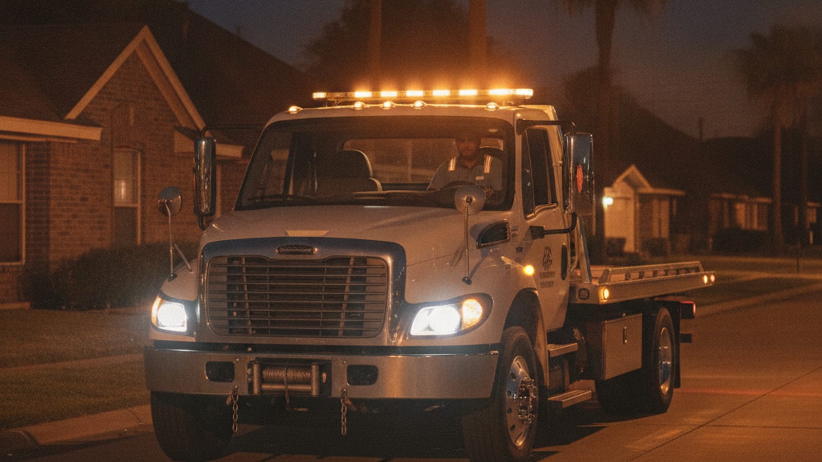 A Quick Tow recovery truck hoists a white box truck near the Port of Corpus Christi industrial area