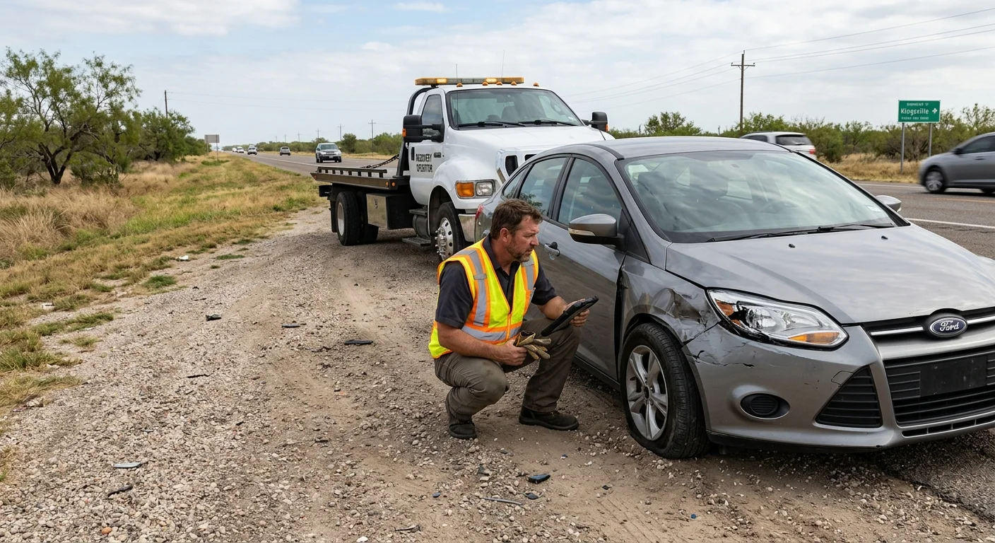 Independent recovery operator assessing a damaged sedan near Kingsville, Texas