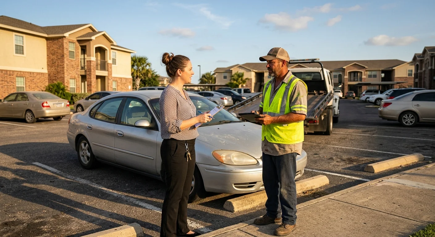 A Corpus Christi apartment property manager speaking with an independent tow operator beside a parked sedan