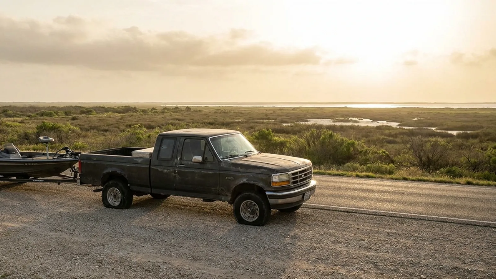 A pickup truck stopped on the shoulder of a Corpus Christi coastal highway towing a boat on a trailer with a flat tire
