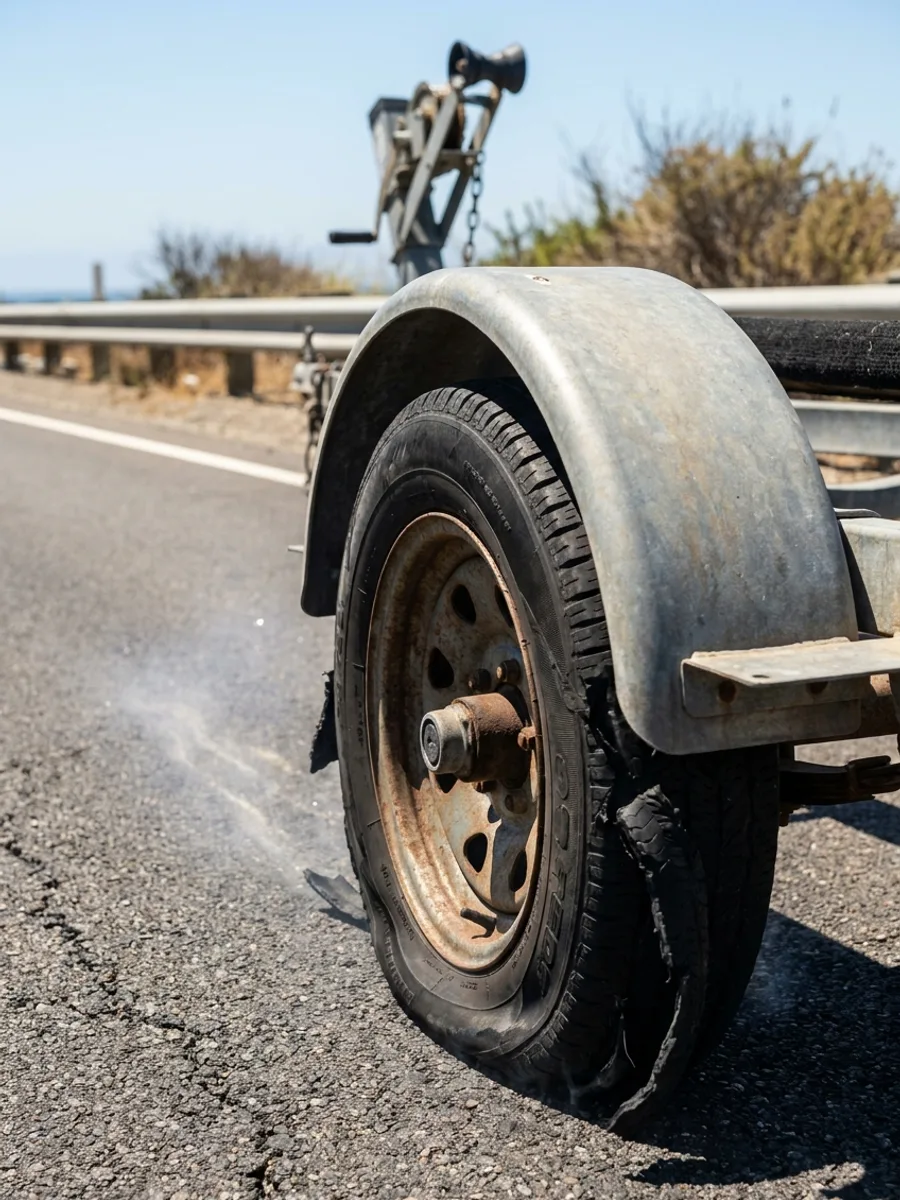 Close up of a blown-out boat trailer tire peeled back off the rim on a hot coastal highway shoulder