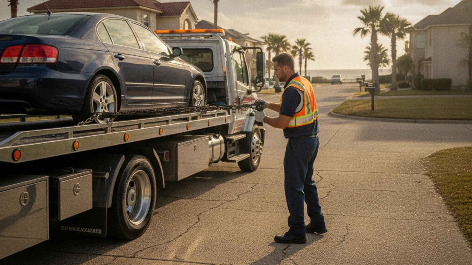 An operator securing a sedan on a flatbed on a Corpus Christi coastal street in late afternoon light
