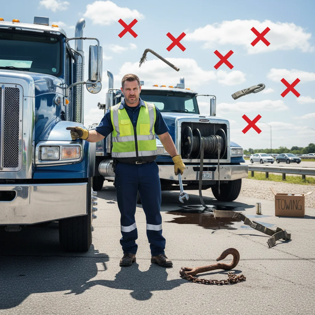 A driver checking a tow truck's markings and license number before agreeing to a tow in Corpus Christi