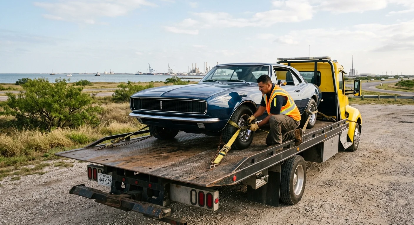 A classic car secured on a flatbed deck in Corpus Christi