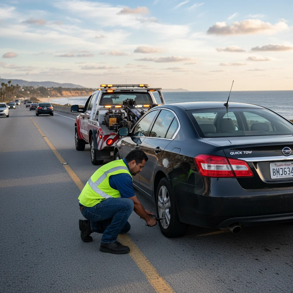 A car with a flat tire pulled onto the shoulder of South Padre Island Drive in Corpus Christi with hazard lights flashing