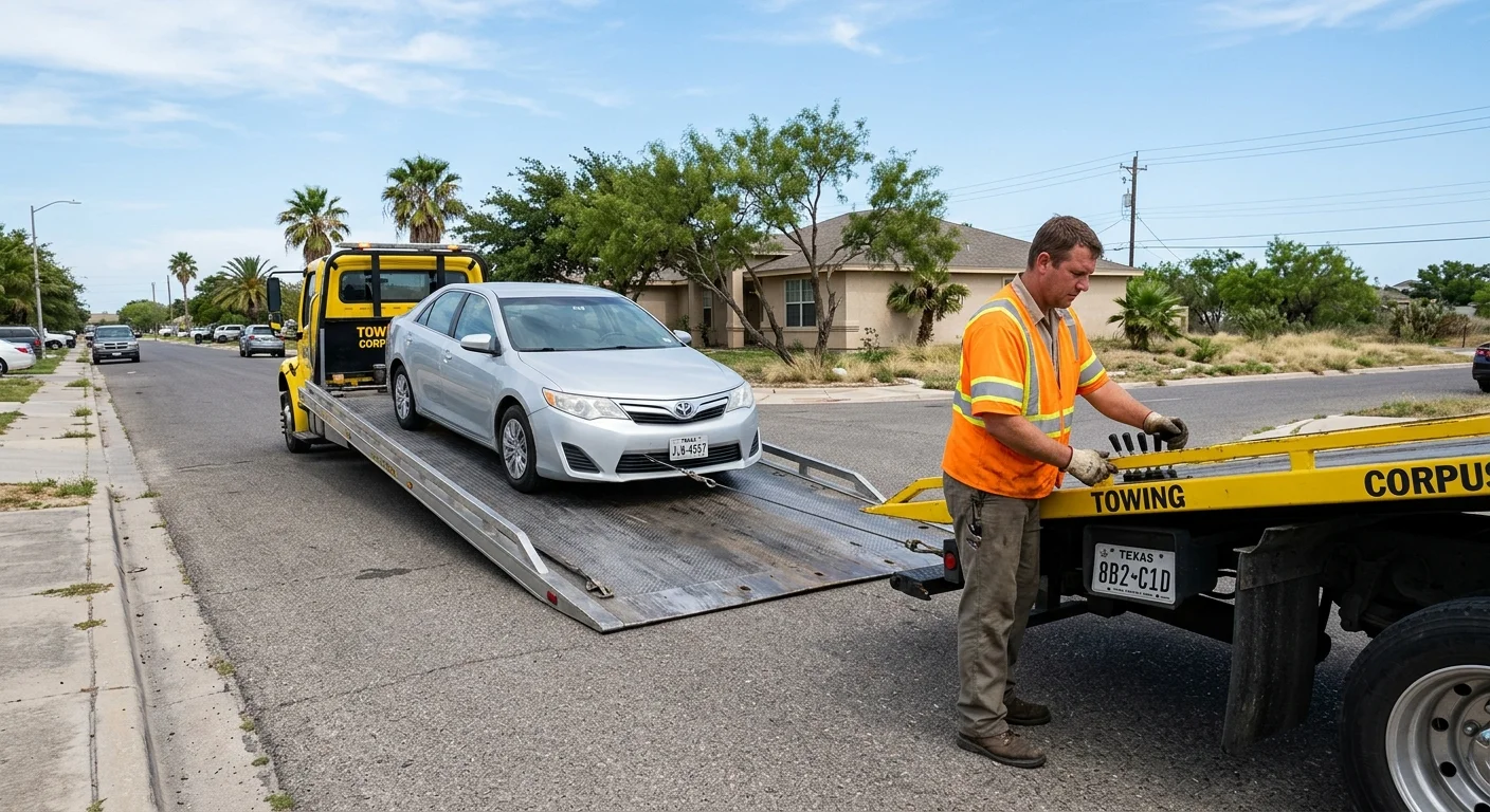 A flatbed tow truck loads a car on a Corpus Christi street