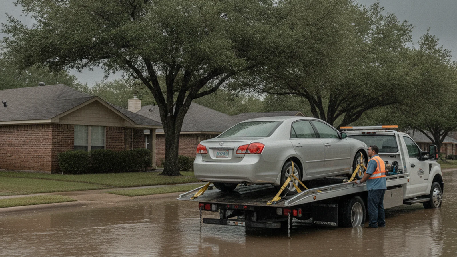A car parked on high ground away from trees in Corpus Christi as storm clouds build over the bay