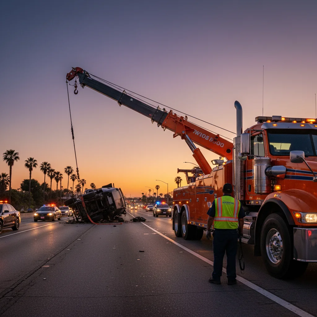 A heavy-duty tow truck recovering a semi truck near refinery row in Corpus Christi