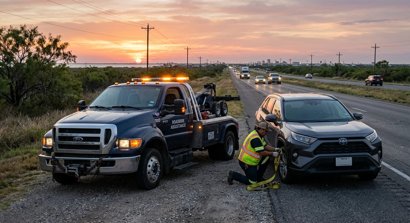 A tow truck on Highway 181 near Portland, Texas at dusk
