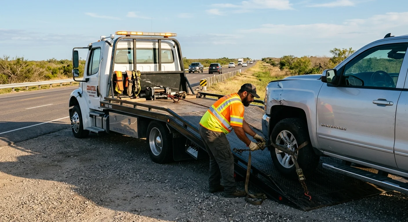 A tow truck on Highway 77 south of Corpus Christi near Bishop