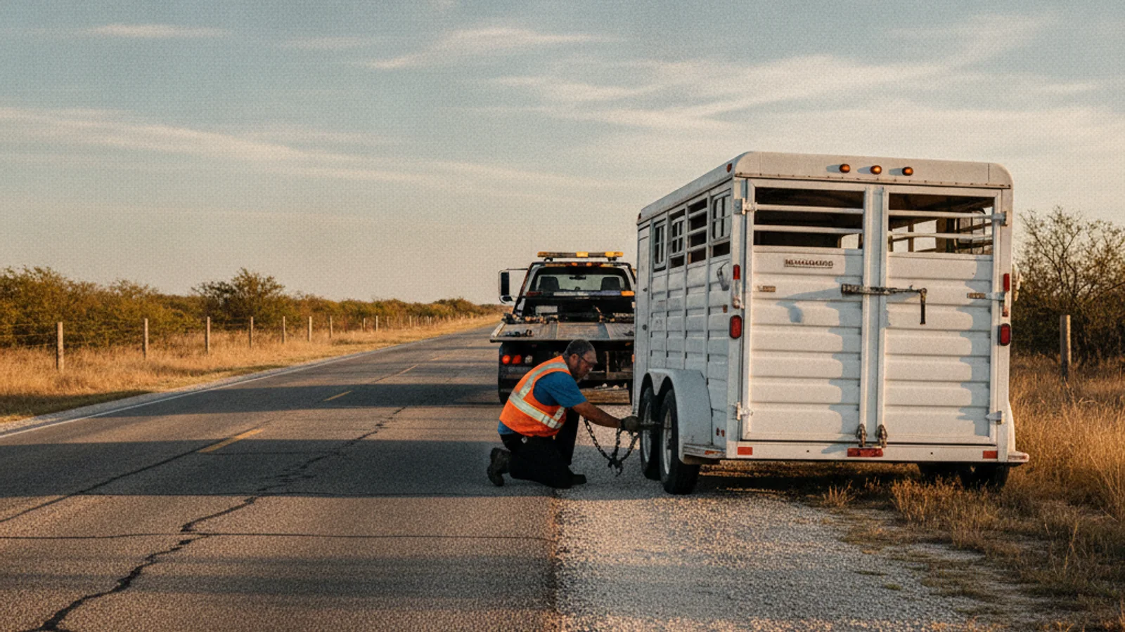 A heavy-duty tow truck recovering a horse trailer on a rural highway near Kingsville, Texas