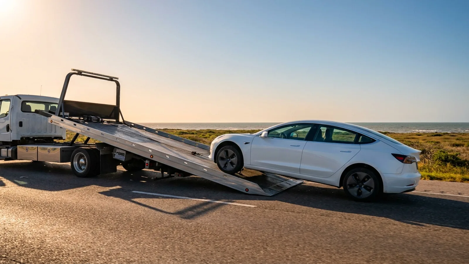 A flatbed tow truck winching a white electric car with all four wheels off the ground on a Corpus Christi coastal highway shoulder