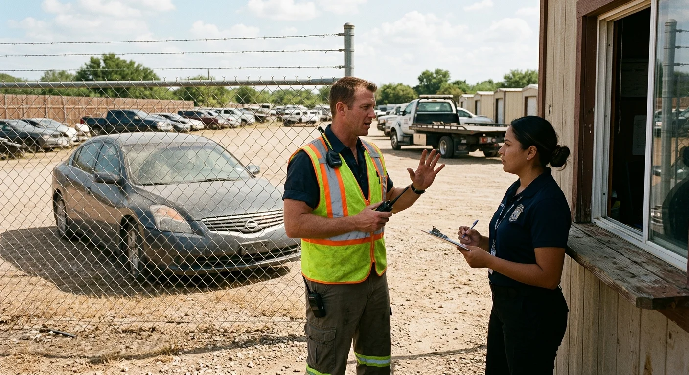 A person at a Texas vehicle storage lot speaking with staff while an impounded sedan sits behind a fence