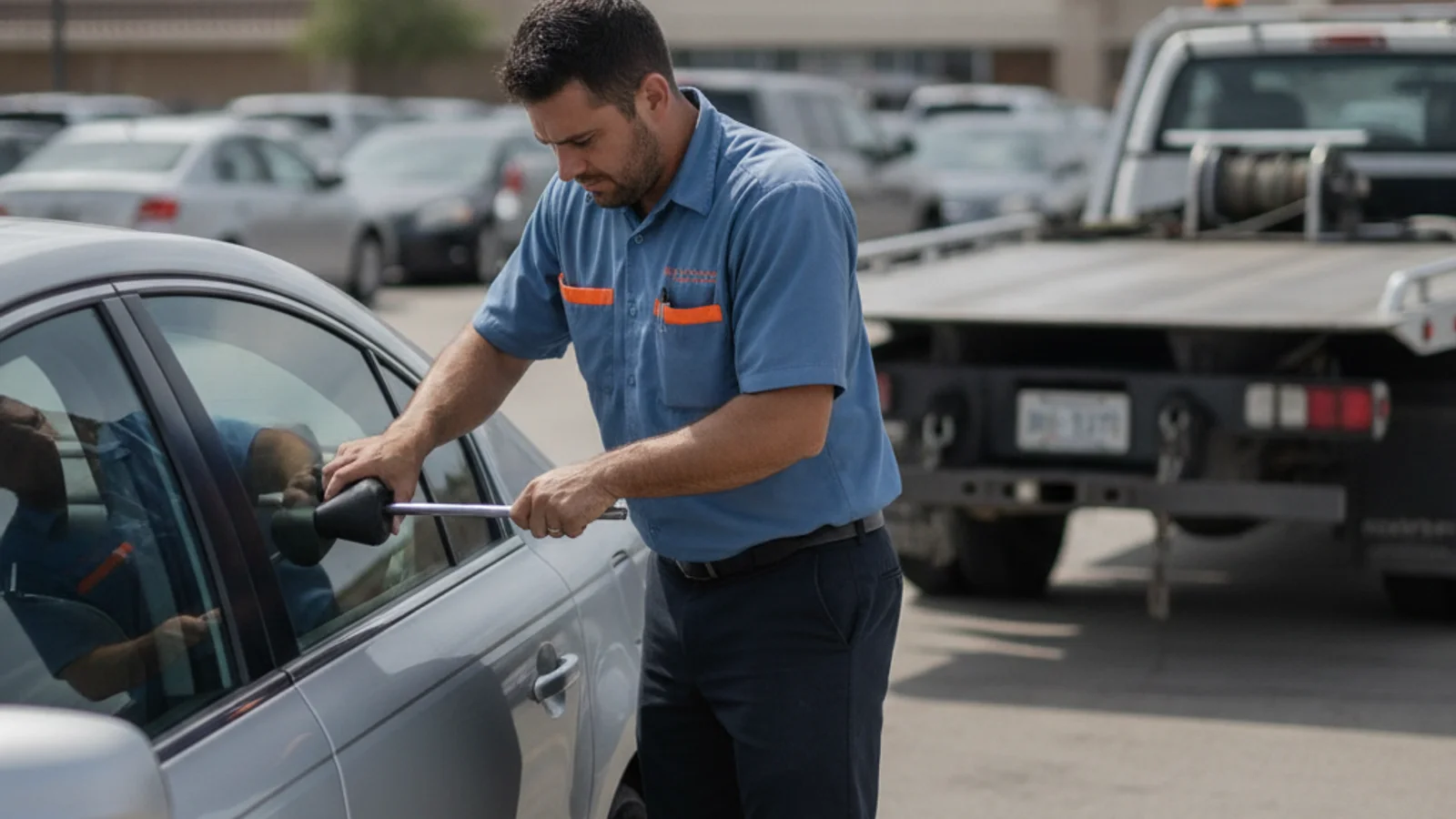 A tow operator using a long reach lockout tool to open a car door in a Corpus Christi parking lot