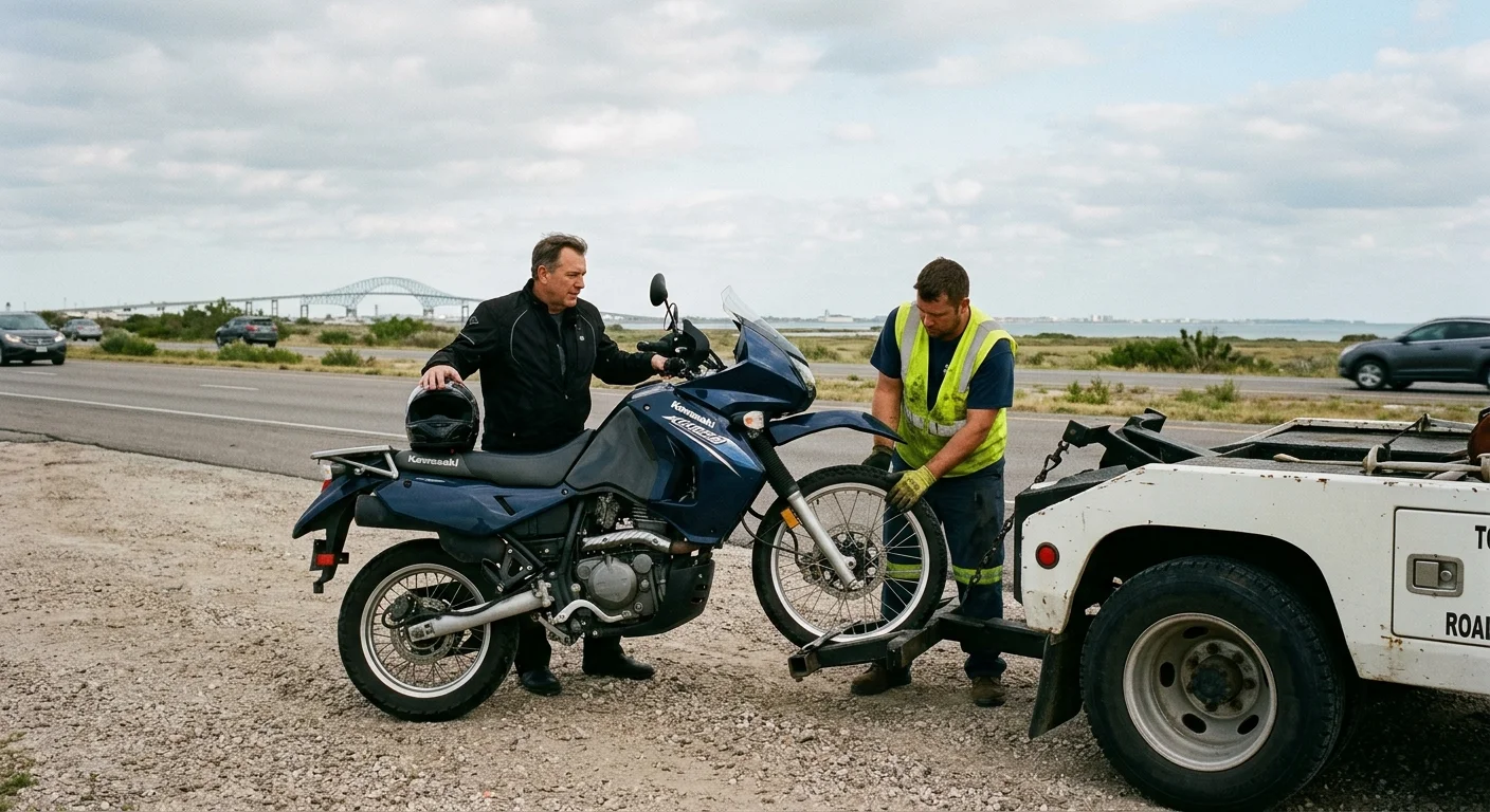 A disabled motorcycle and rider with an independent tow operator near Portland, Texas