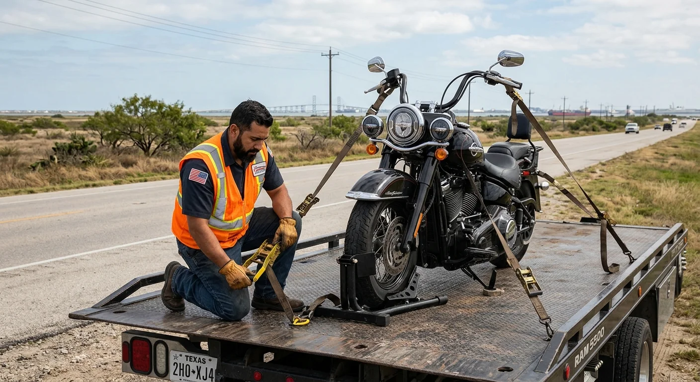 A motorcycle strapped upright on a flatbed in Corpus Christi