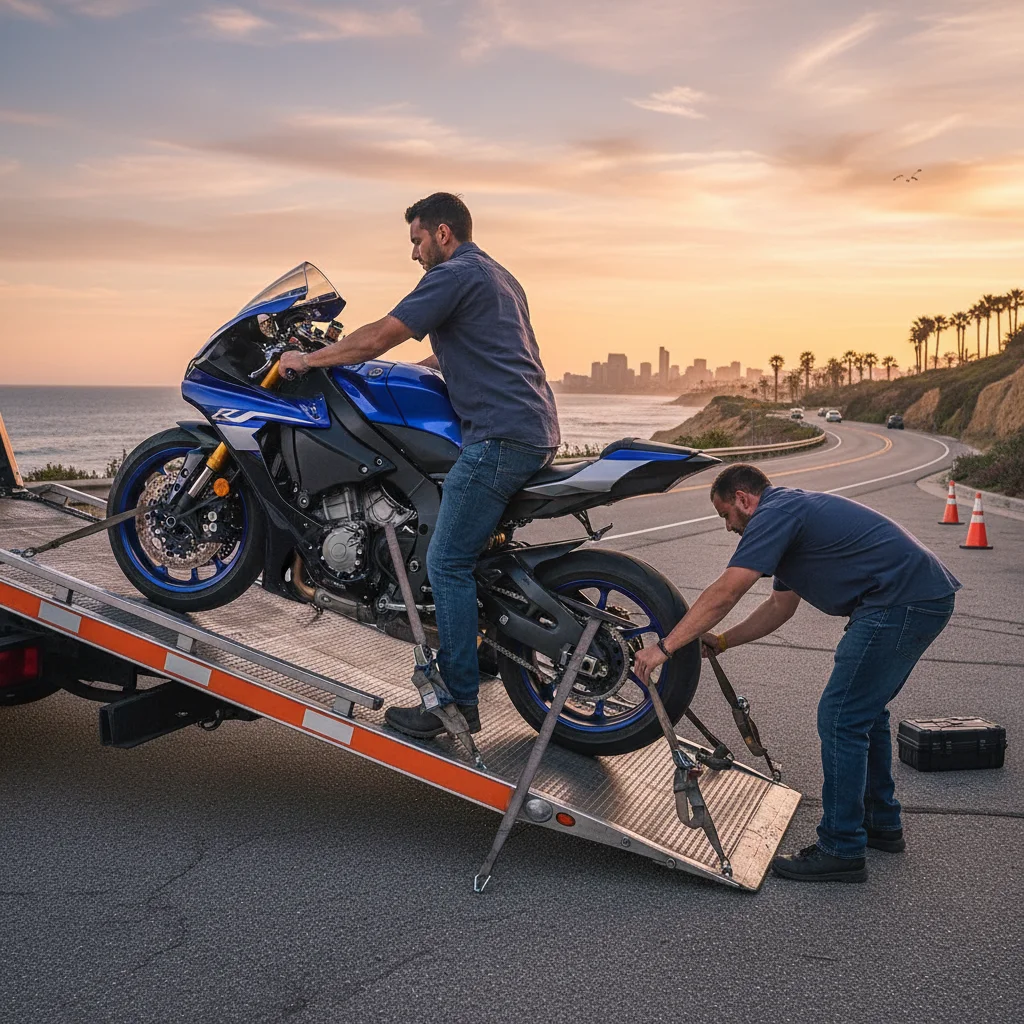 A motorcycle secured on a flatbed tow truck on a Corpus Christi road