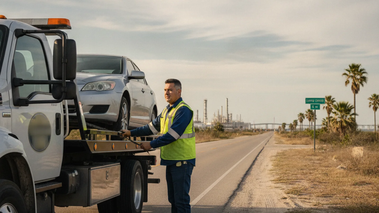 A tow operator securing a sedan on a flatbed beside a Coastal Bend highway outside Corpus Christi