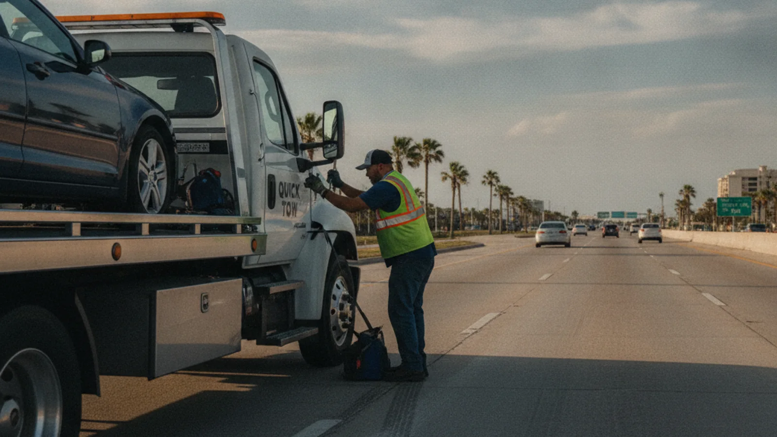A tow operator in a high-visibility vest working beside a flatbed truck with a loaded sedan on a palm-lined Corpus Christi highway