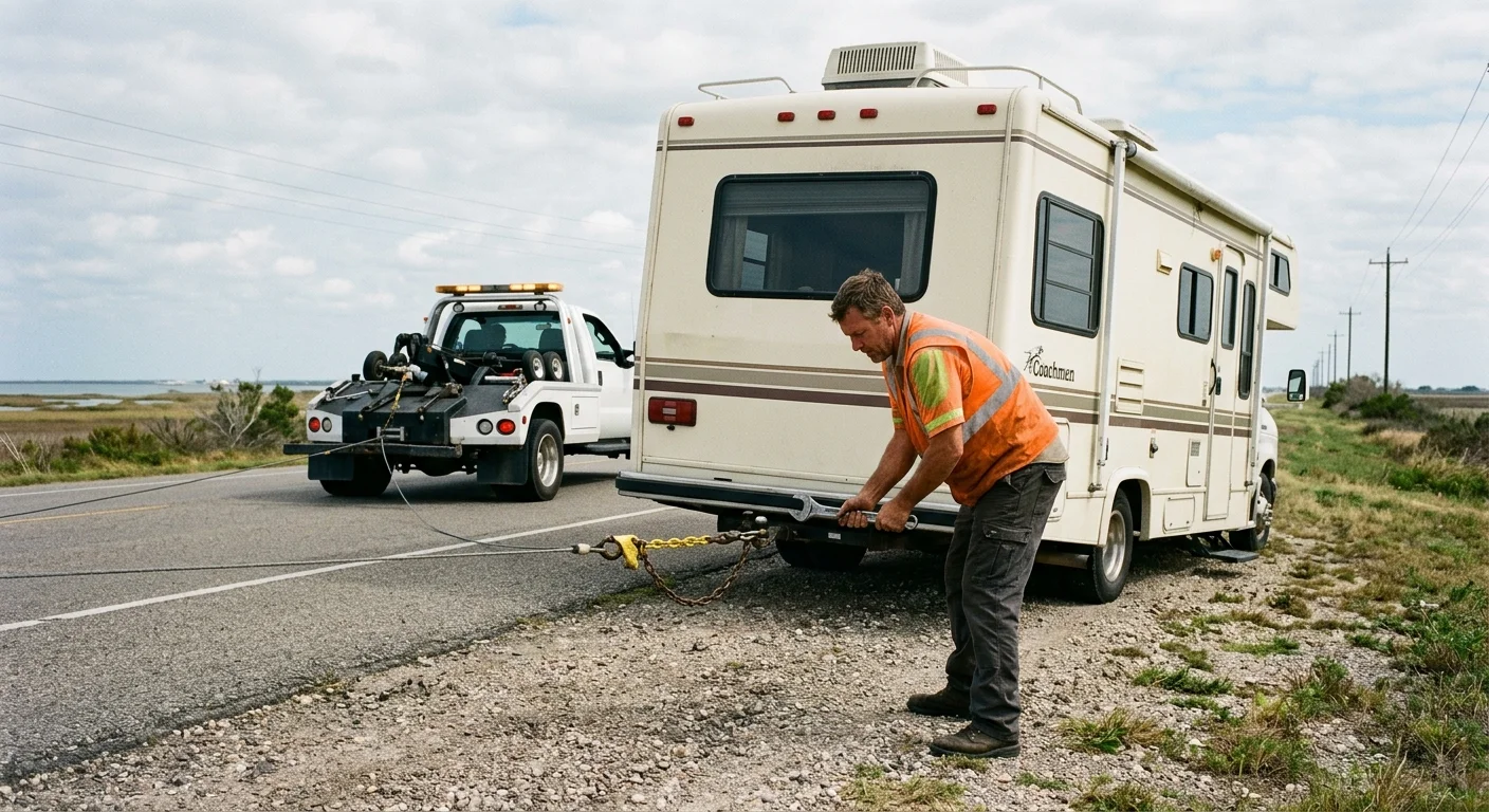 Disabled motorhome receiving roadside help near Aransas Pass, Texas