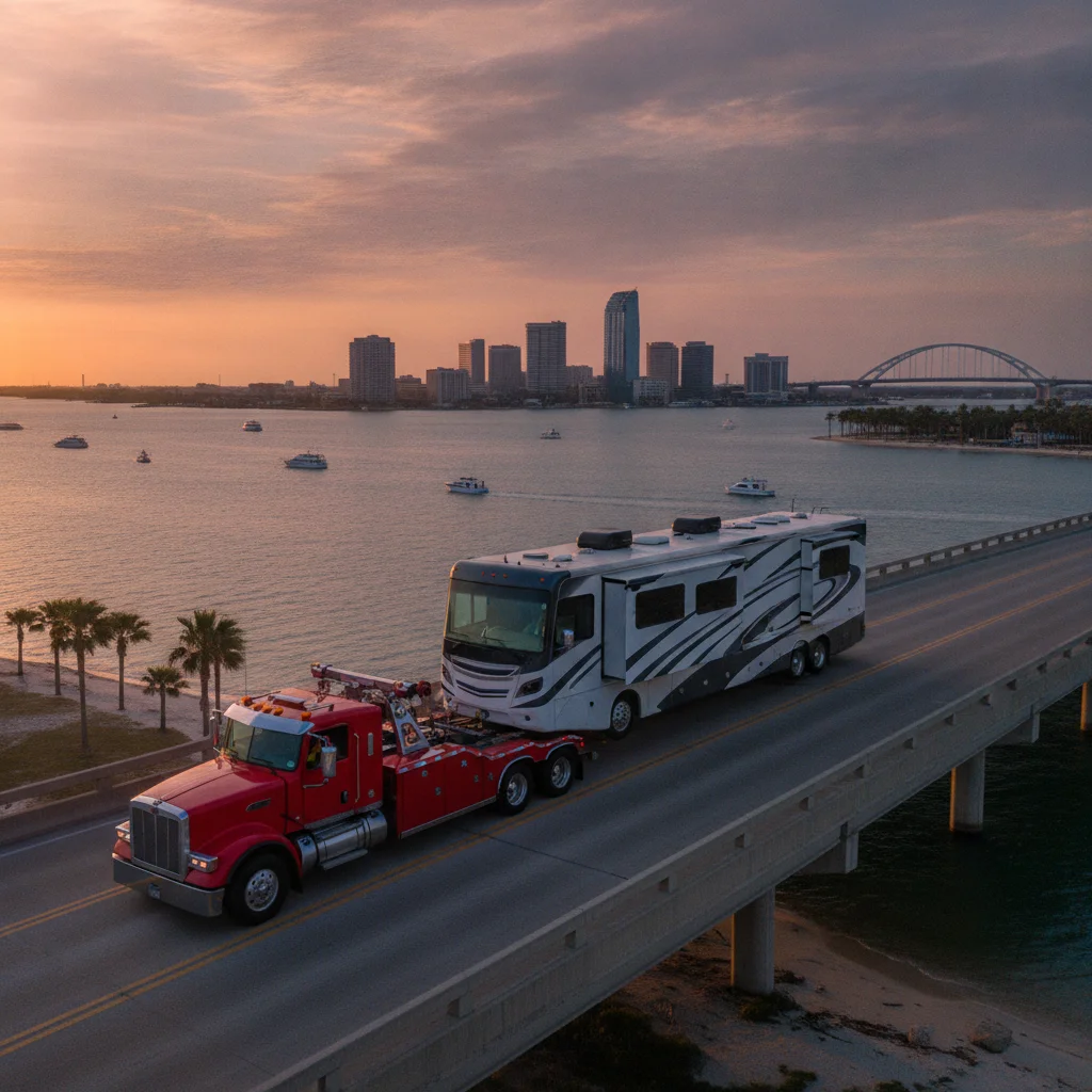 A heavy-duty wrecker positioned in front of a disabled Class A motorhome on the shoulder of a Texas coastal highway near Corpus Christi