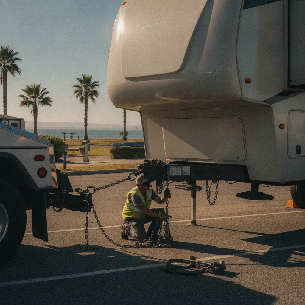 A tow operator connecting a fifth-wheel trailer hitch under the Texas sun at an RV park near Rockport