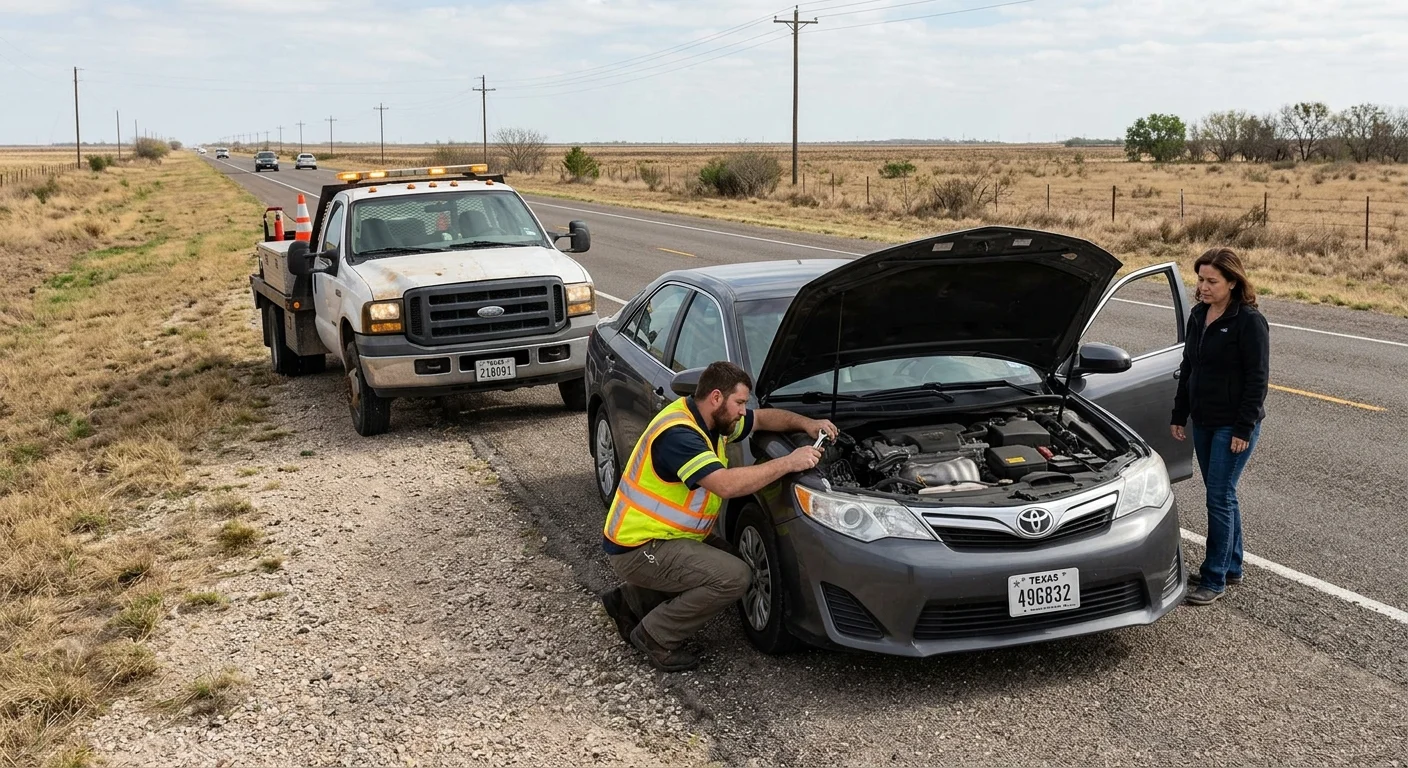 A disabled sedan receiving roadside help near Bishop, Texas
