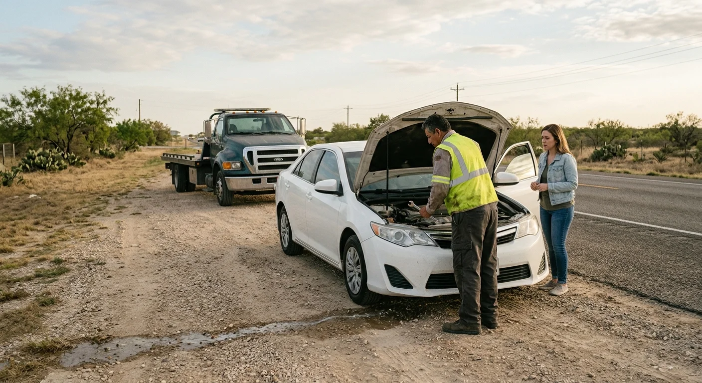 A stranded driver beside a disabled sedan near Encino, Texas