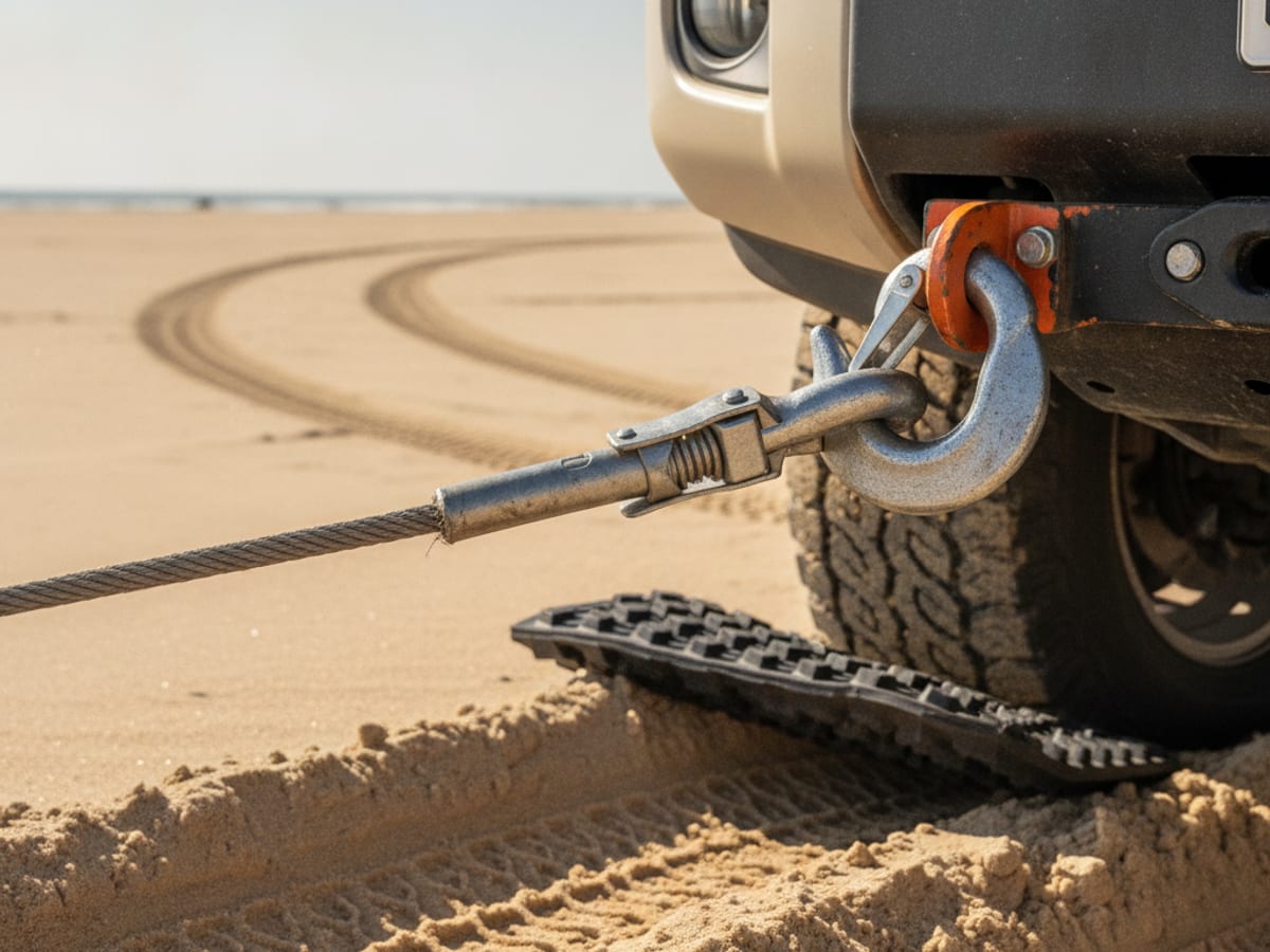 Acercamiento de un gancho de malacate sujeto al punto de recuperación de un vehículo con una tablilla de tracción bajo la llanta trasera en la arena de la playa