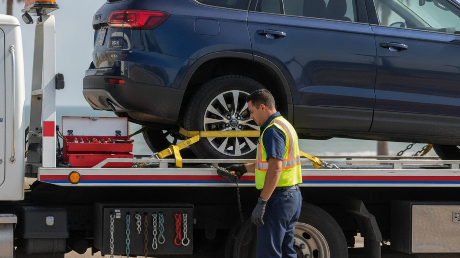 An all-wheel drive crossover fully loaded on a flatbed with all four wheels off the ground on a Corpus Christi street