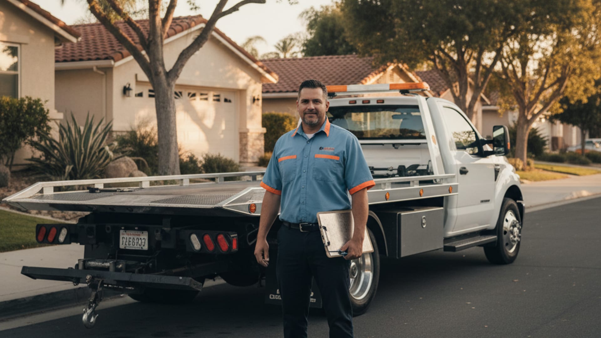 Quick Tow Corpus Christi driver beside a flatbed rollback at golden hour in a Corpus Christi residential neighborhood