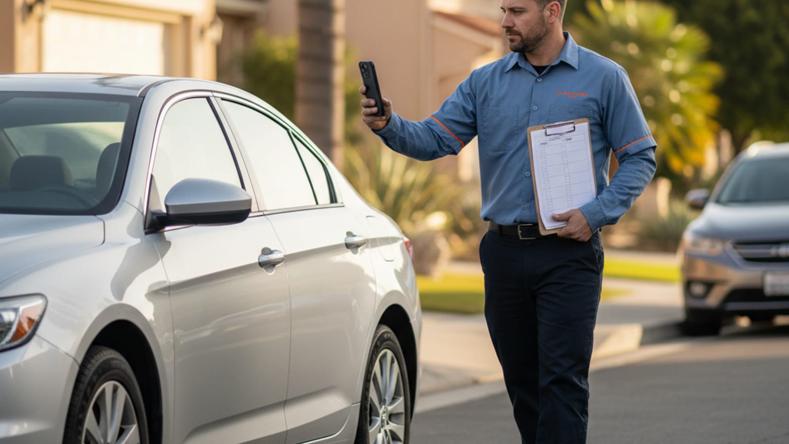 Driver walking around their vehicle making notes before a scheduled tow in a Corpus Christi residential street