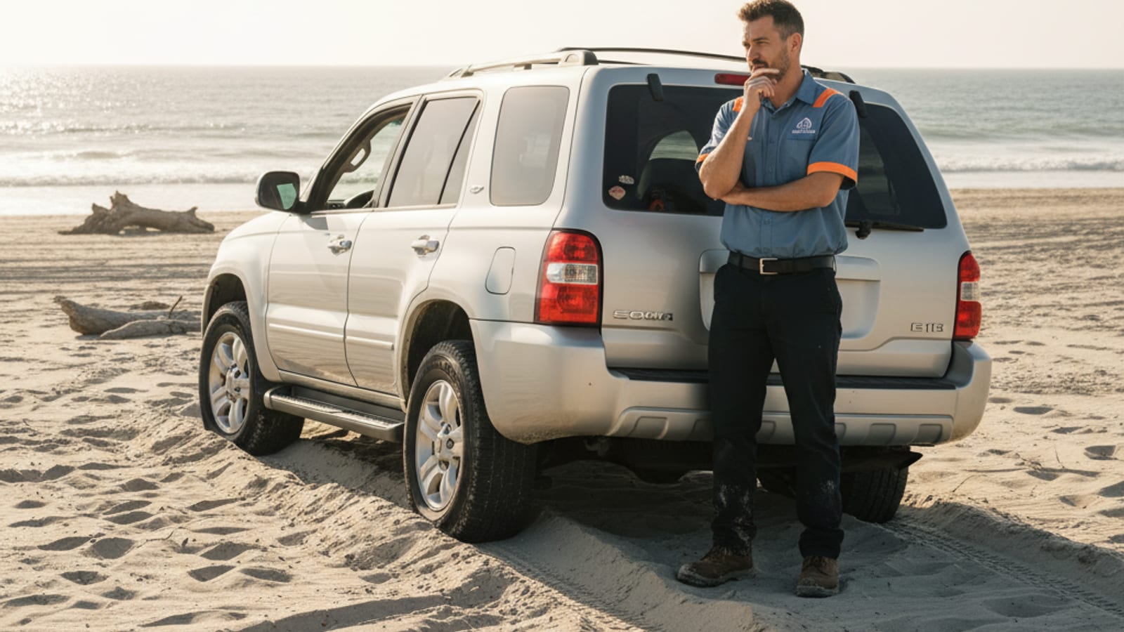 Off-road vehicle stuck in loose sand with visible wheel ruts near a Padre Island beach access point