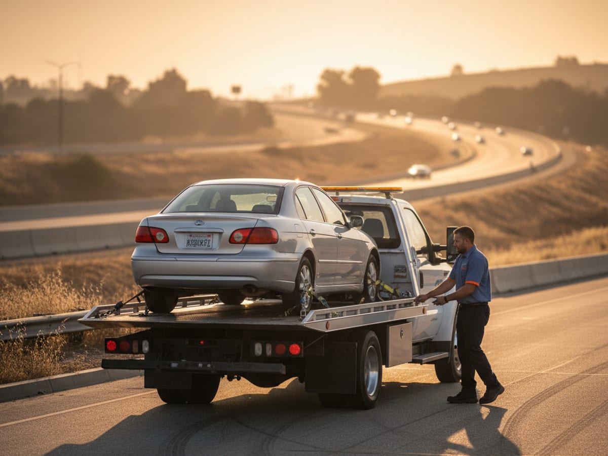 Quick Tow Corpus Christi flatbed driver preparing for a long-distance interstate tow at sunrise