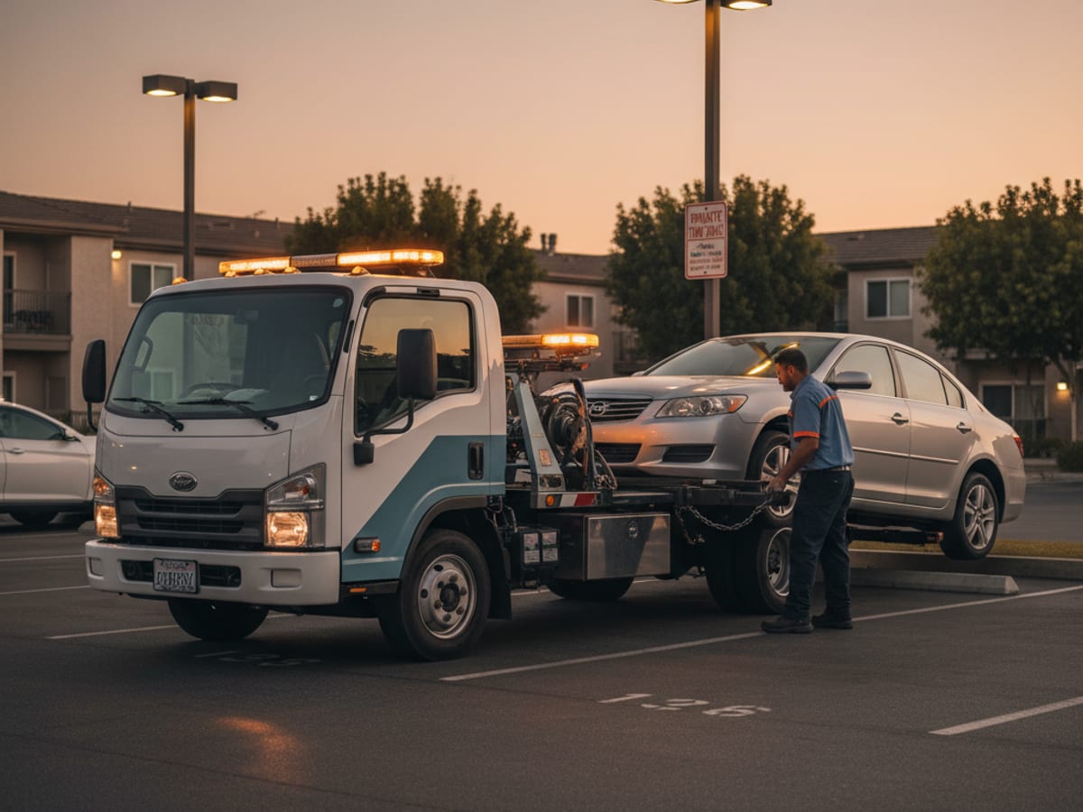 Quick Tow Corpus Christi truck working a permit-parking apartment complex lot in Corpus Christi at dusk