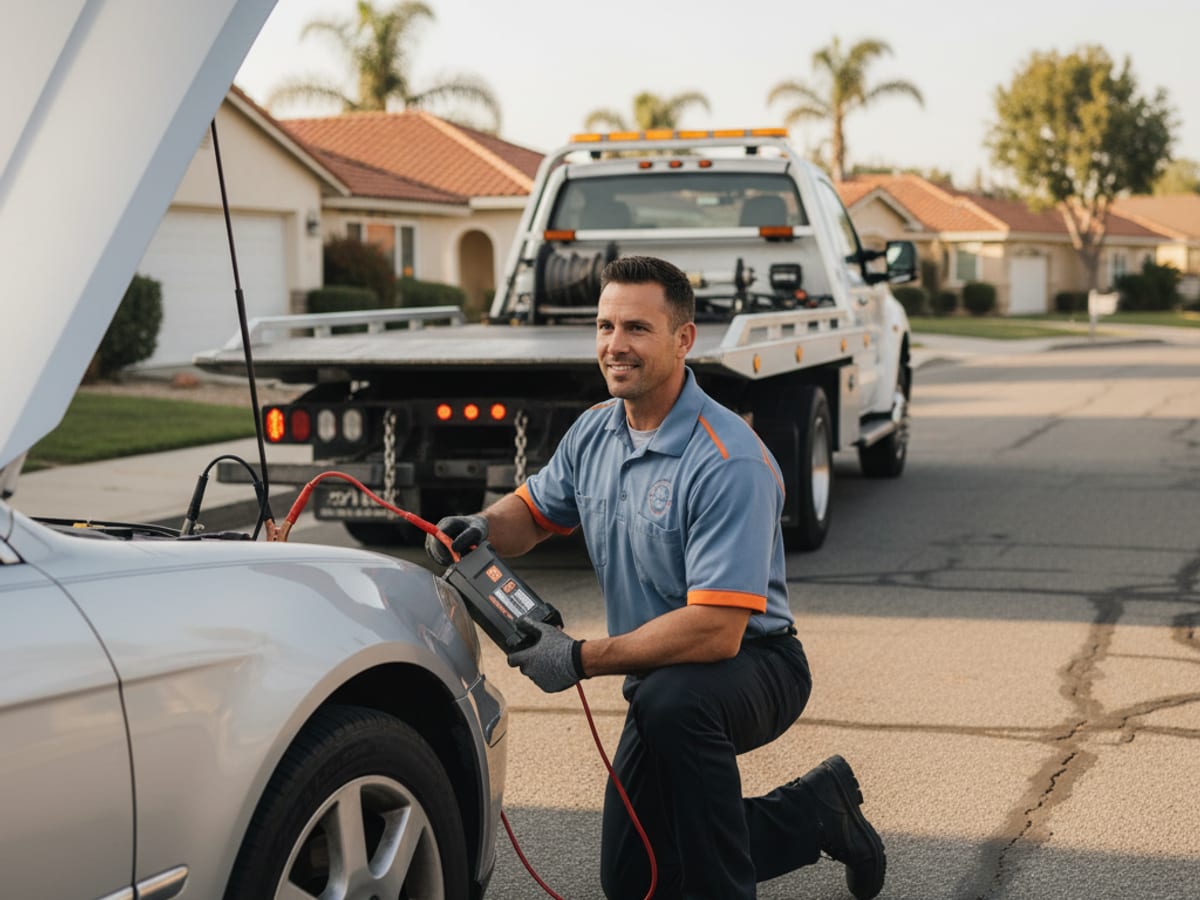 Quick Tow Corpus Christi technician jump-starting a disabled car on a Corpus Christi residential street