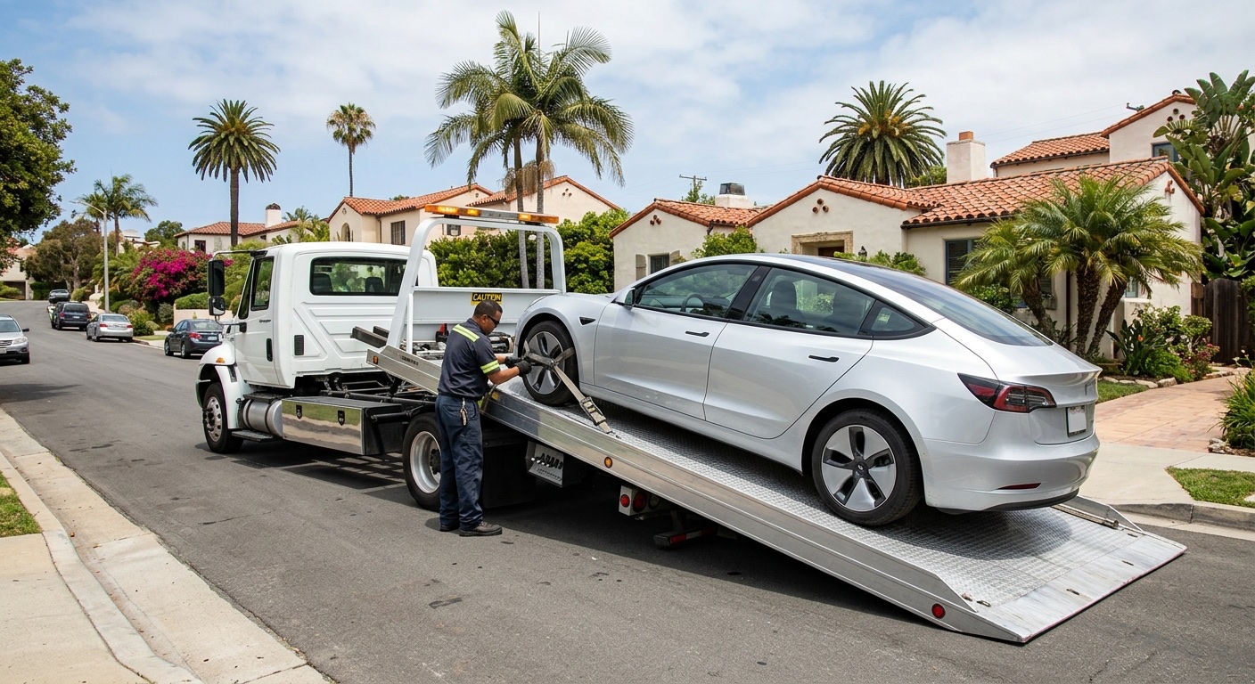 Quick Tow Corpus Christi flatbed loading a Tesla Model 3 with soft straps on a Corpus Christi residential street, charge port closed and Transport Mode engaged